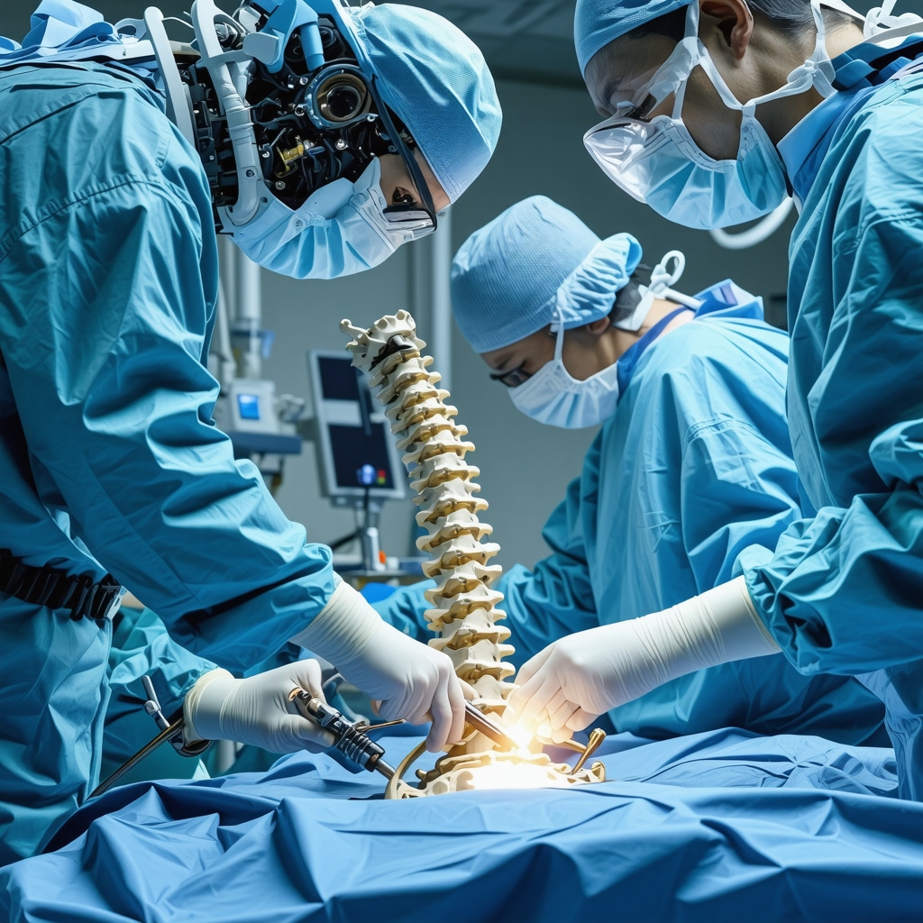 Detailed illustration of robotic-assisted spine surgery showing precision tools and surgeon control.