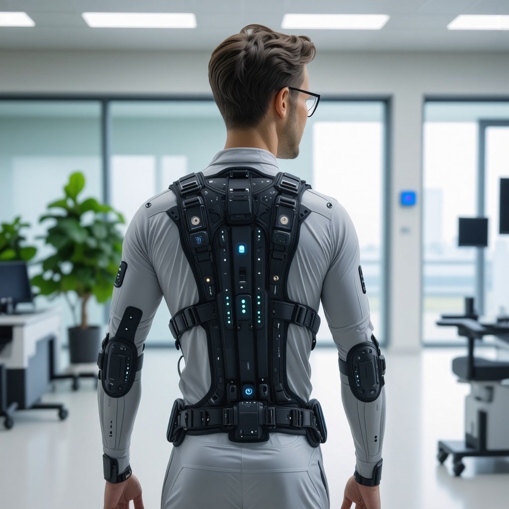 Patient wearing a smart spinal brace equipped with sensors and AI interface in a rehabilitation clinic