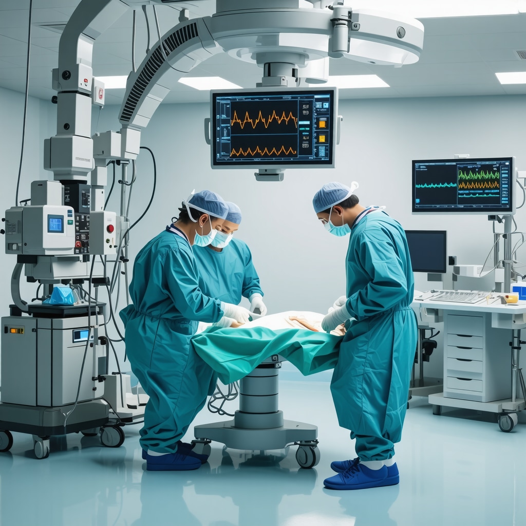 Surgeon operating robotic-assisted spine surgery equipment with advanced navigation system in a modern operating room