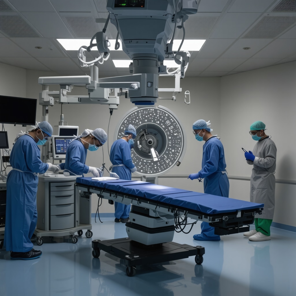 Modern spinal surgery operating room with advanced imaging and robotic assistance