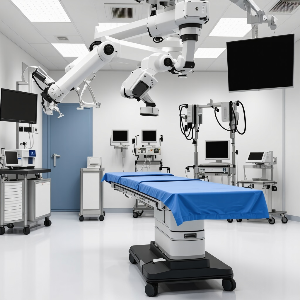Spine surgeon using robotic-assisted technology in a high-tech operating room