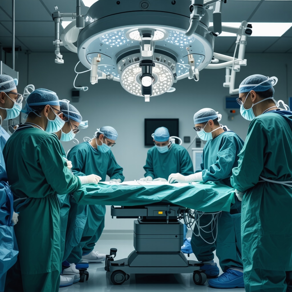 Surgeons performing minimally invasive spine surgery with advanced tools in a high-tech operating room