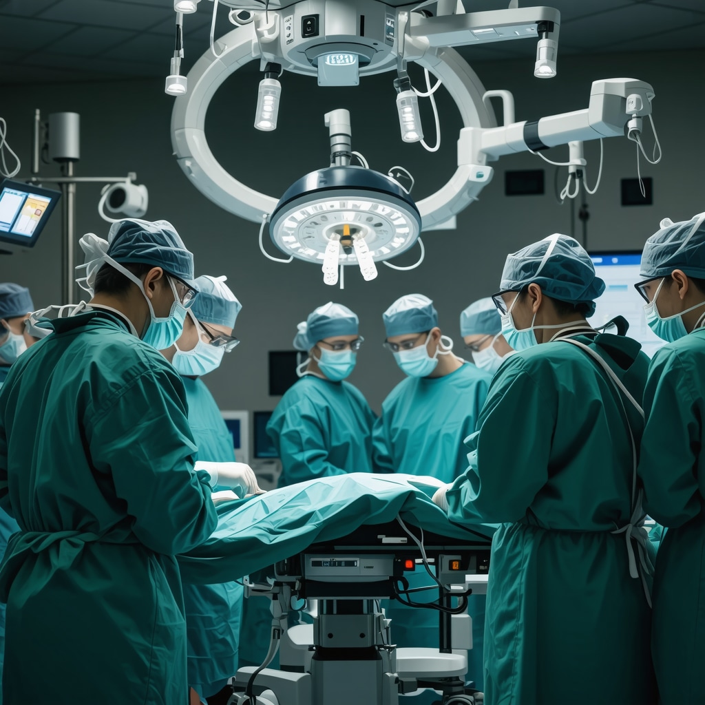 Surgeons using robotic-assisted tools during spine surgery in a high-tech operating room