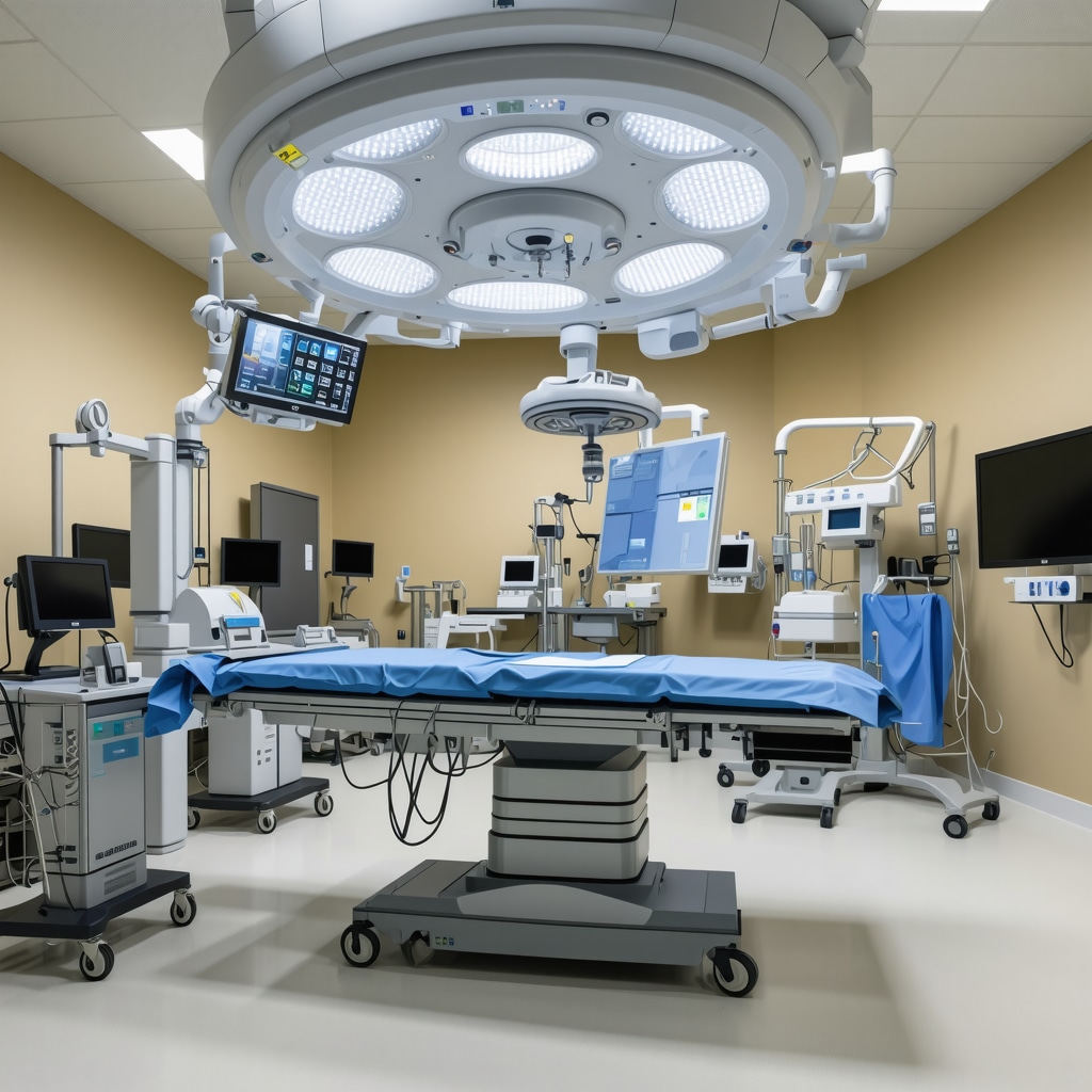 Modern operating room with robotic spine surgery tools and imaging