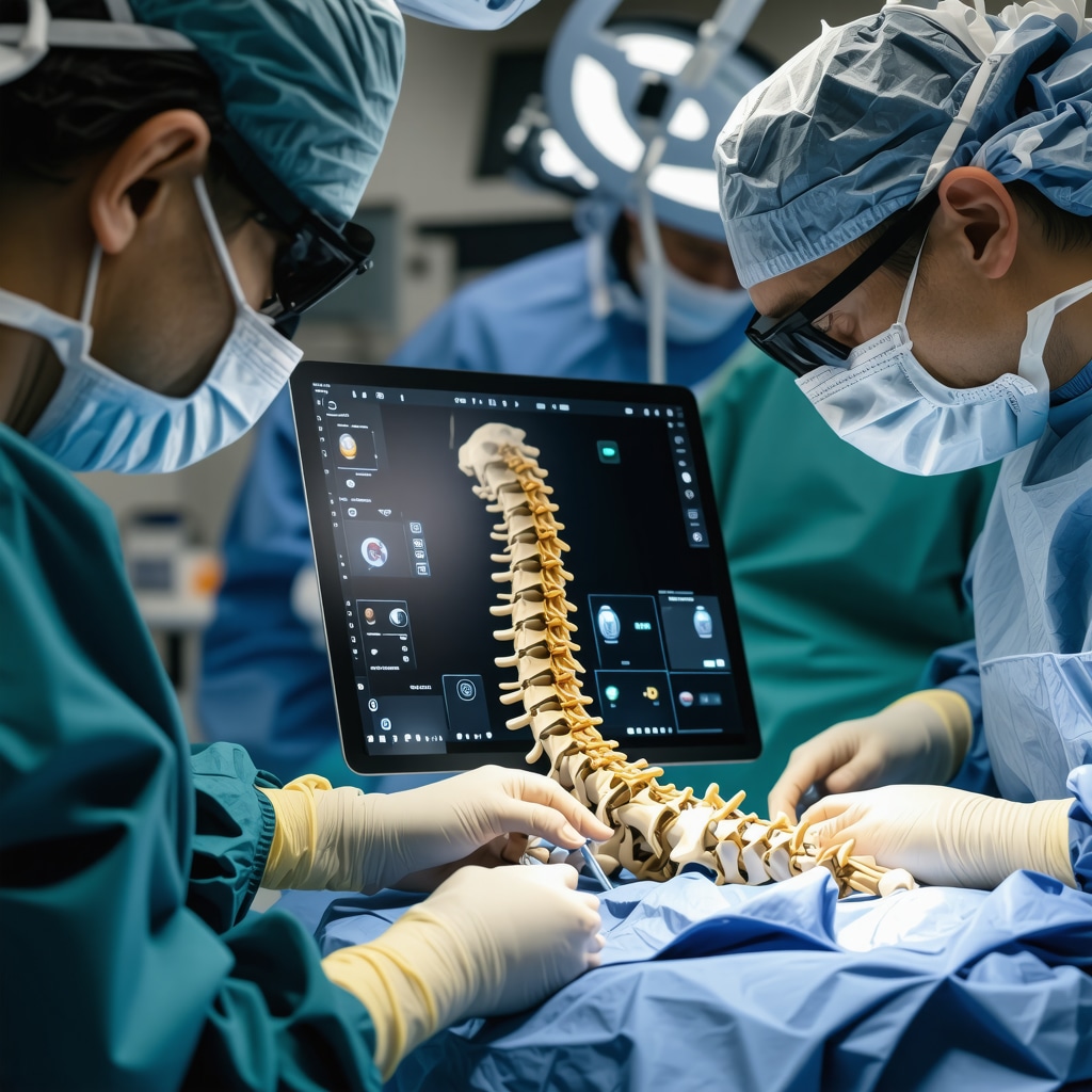 Surgeon overlaying 3D models onto patient during spine operation with AR