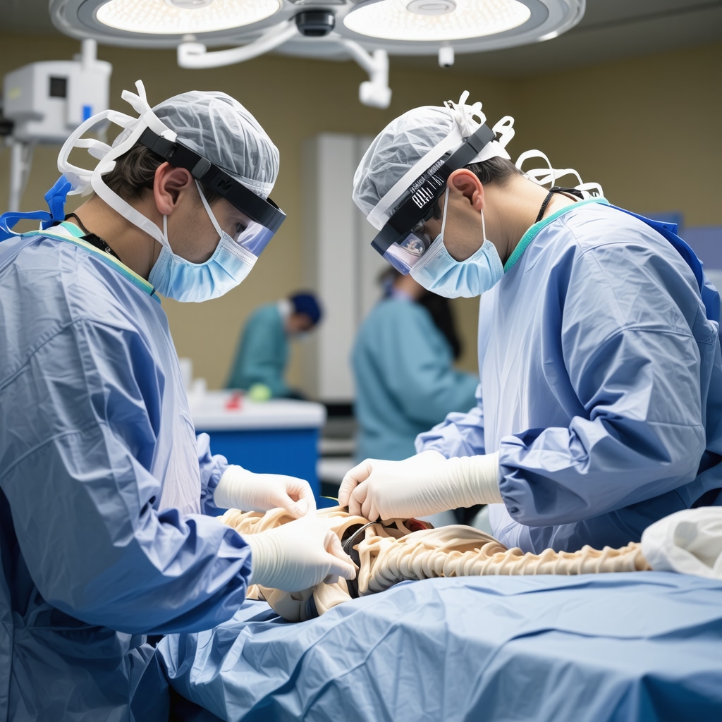 A surgeon operating with robotic assistance and AR overlays during microdiscectomy