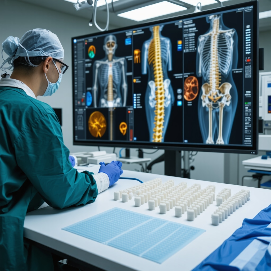 Surgeon reviewing 3D spinal biomechanical models with AI assistance for surgical planning in a clinical setting