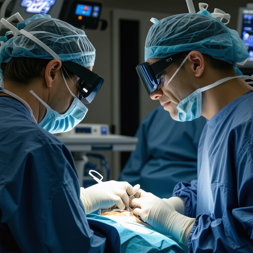 Surgeon wearing AR glasses viewing 3D spinal models during surgery.