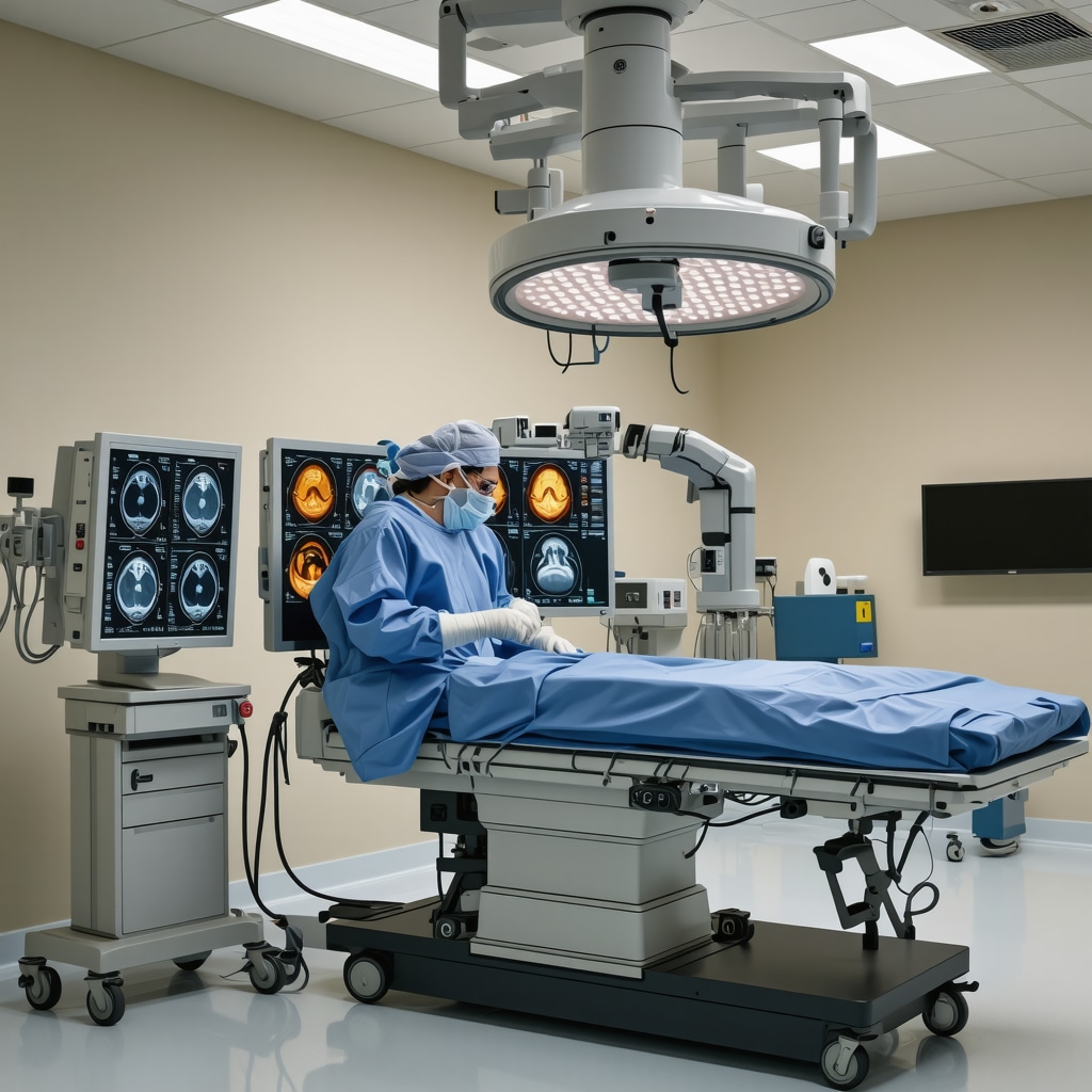 Surgeon operating with robotic-assisted spine surgery tools and advanced imaging in a modern OR.
