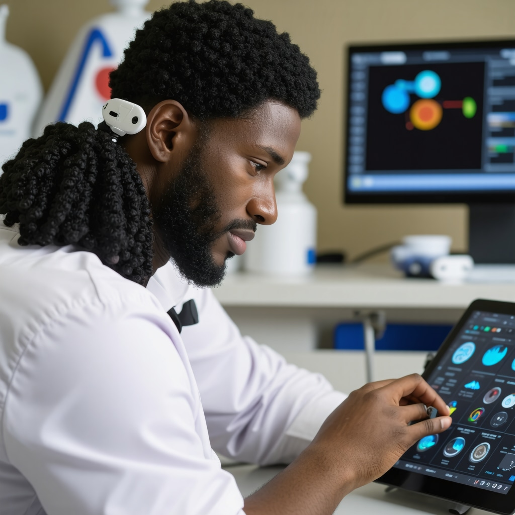 Patient using wearable spine sensors with doctor monitoring data on tablet in NJ clinic