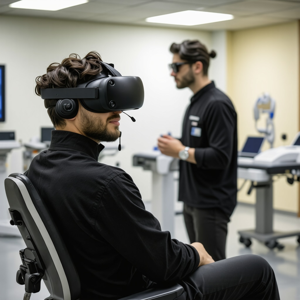 Patient undergoing virtual reality-based spine rehabilitation with neuromodulation devices in a New Jersey clinic