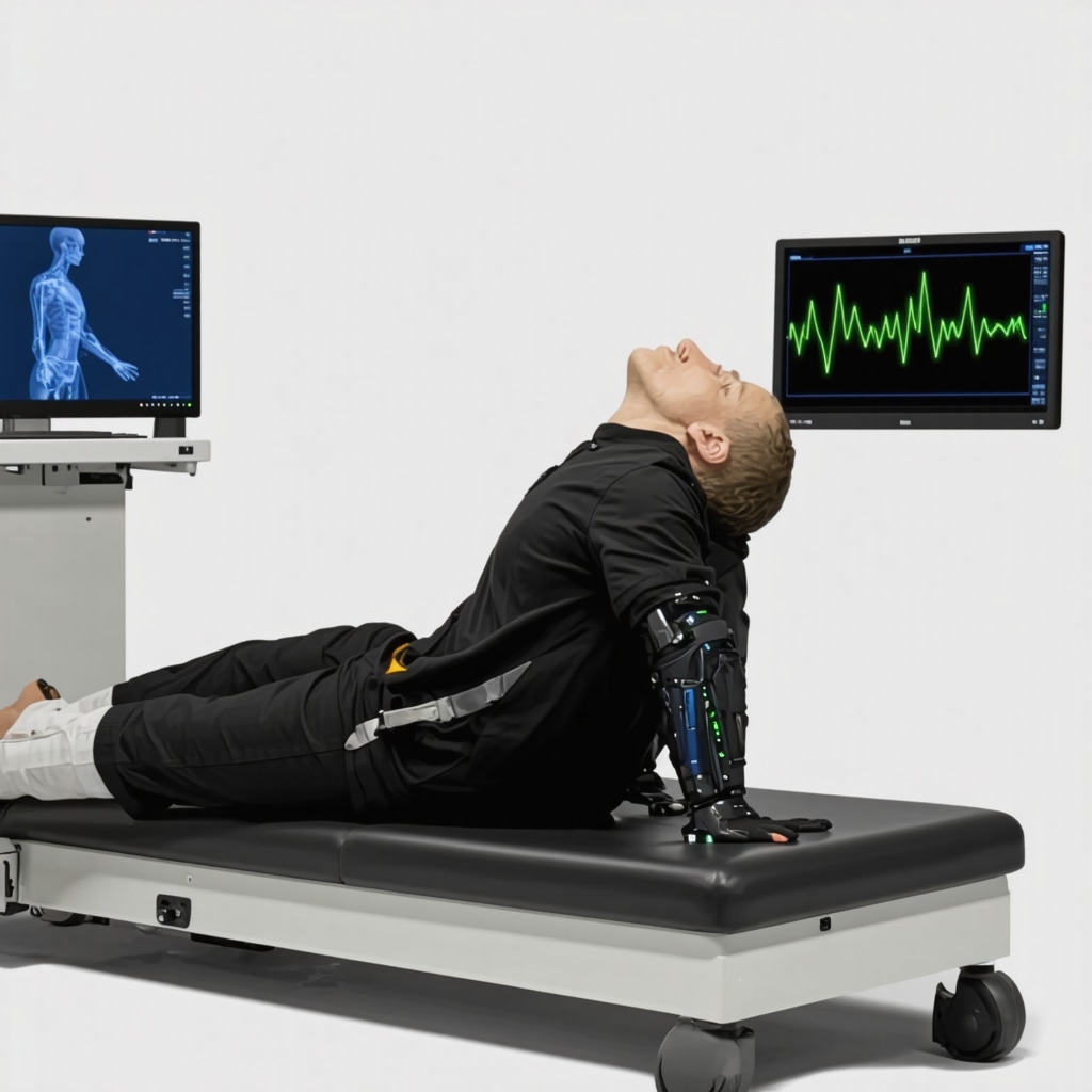 Patient using wearable sensors with real-time feedback during spinal rehabilitation in a New Jersey clinic