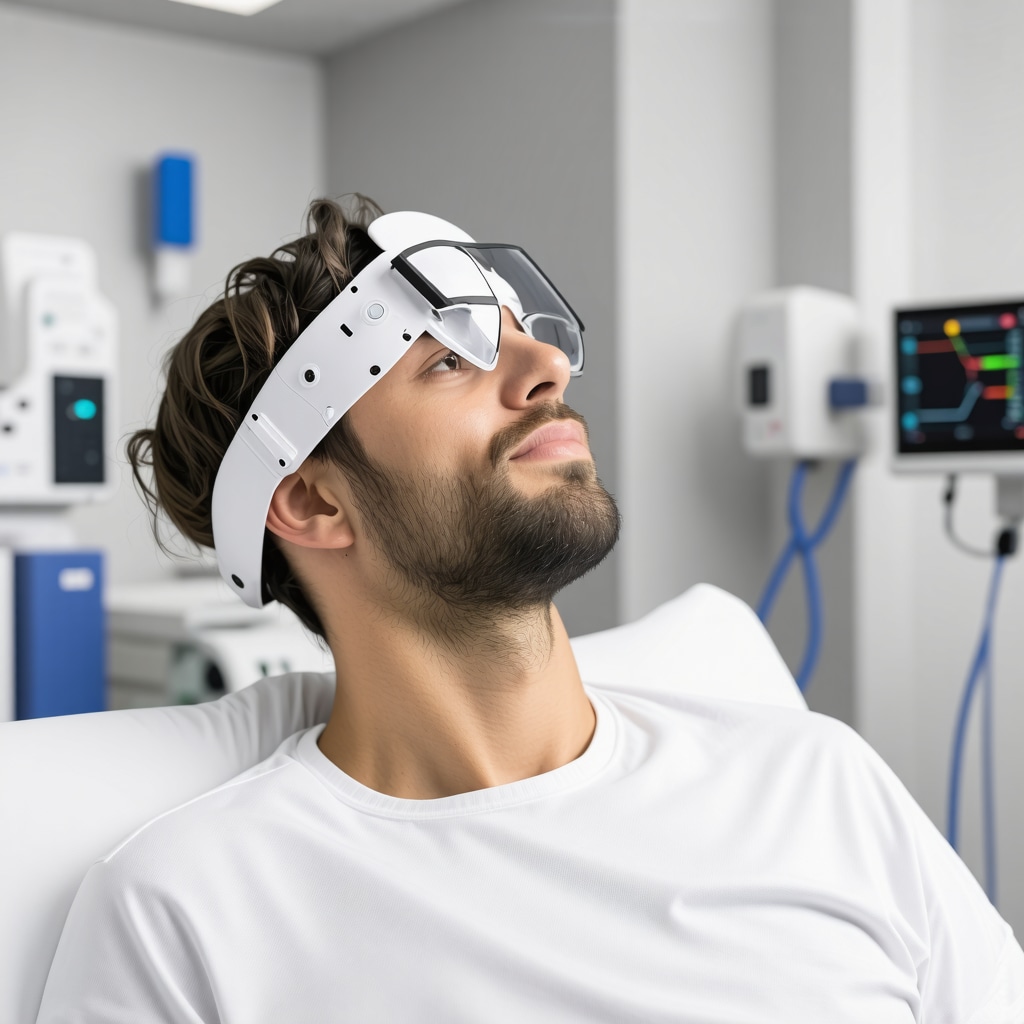 Patient using wearable sensors for spinal recovery monitoring.