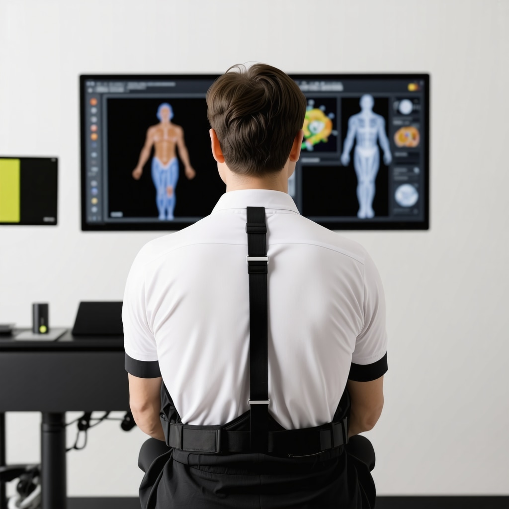 Patient wearing wearable sensors for spinal fusion recovery monitored remotely via telemedicine with biomechanical modeling on screen