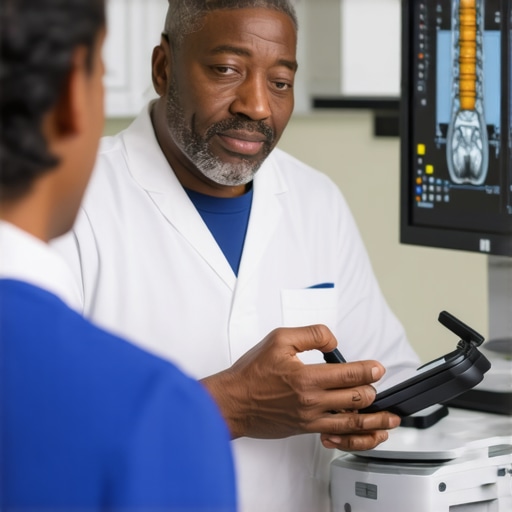 Spine surgeon discussing surgical options with a patient using state-of-the-art imaging technology