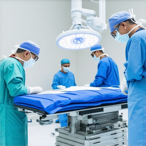 Surgeons using robotic-assisted spine surgery equipment in a state-of-the-art NJ hospital.