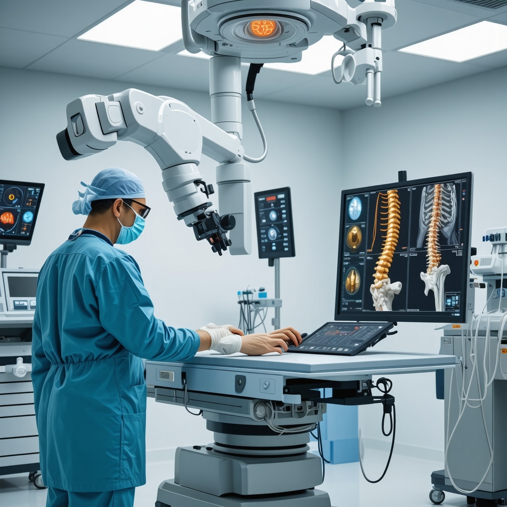 Surgeon using robotic-assisted technology during spine surgery in a modern operating room.