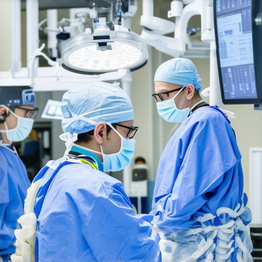 Surgeons performing robotic-assisted spine surgery in a high-tech operating room