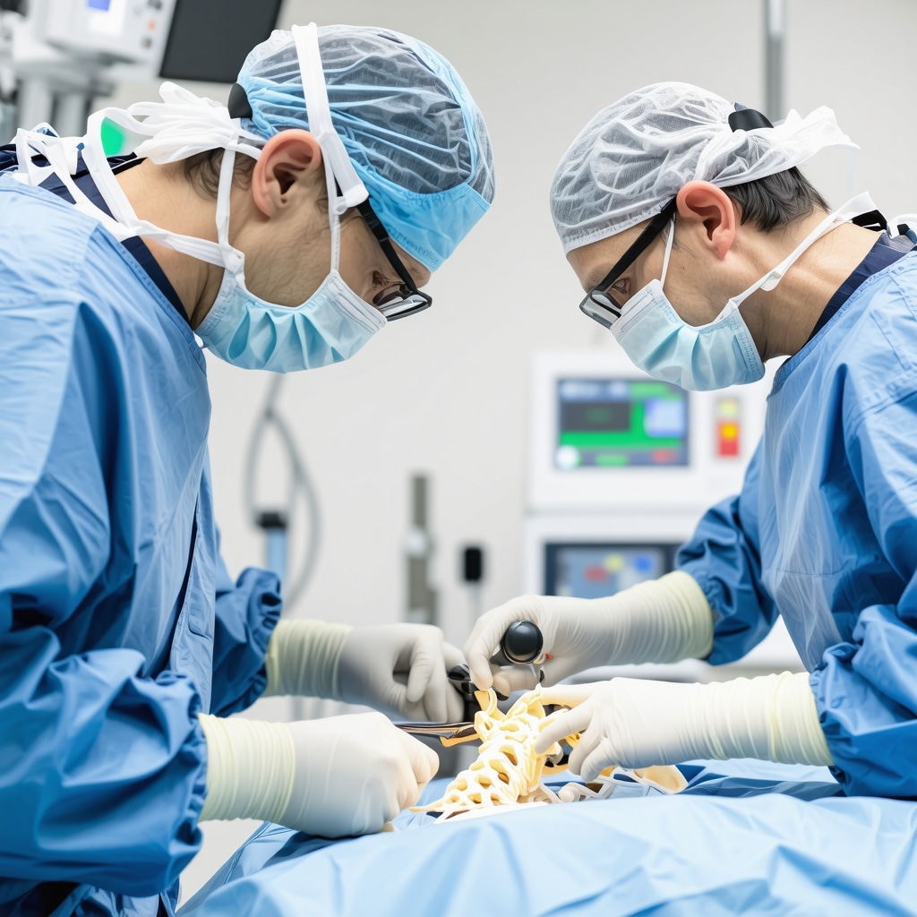 Surgeon operating robotic-assisted spine surgery equipment during a minimally invasive procedure.