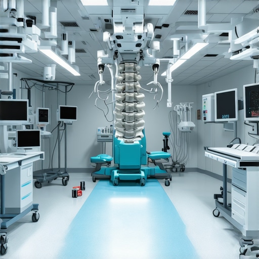 Futuristic operating room with robotic spine surgery systems and AI tech