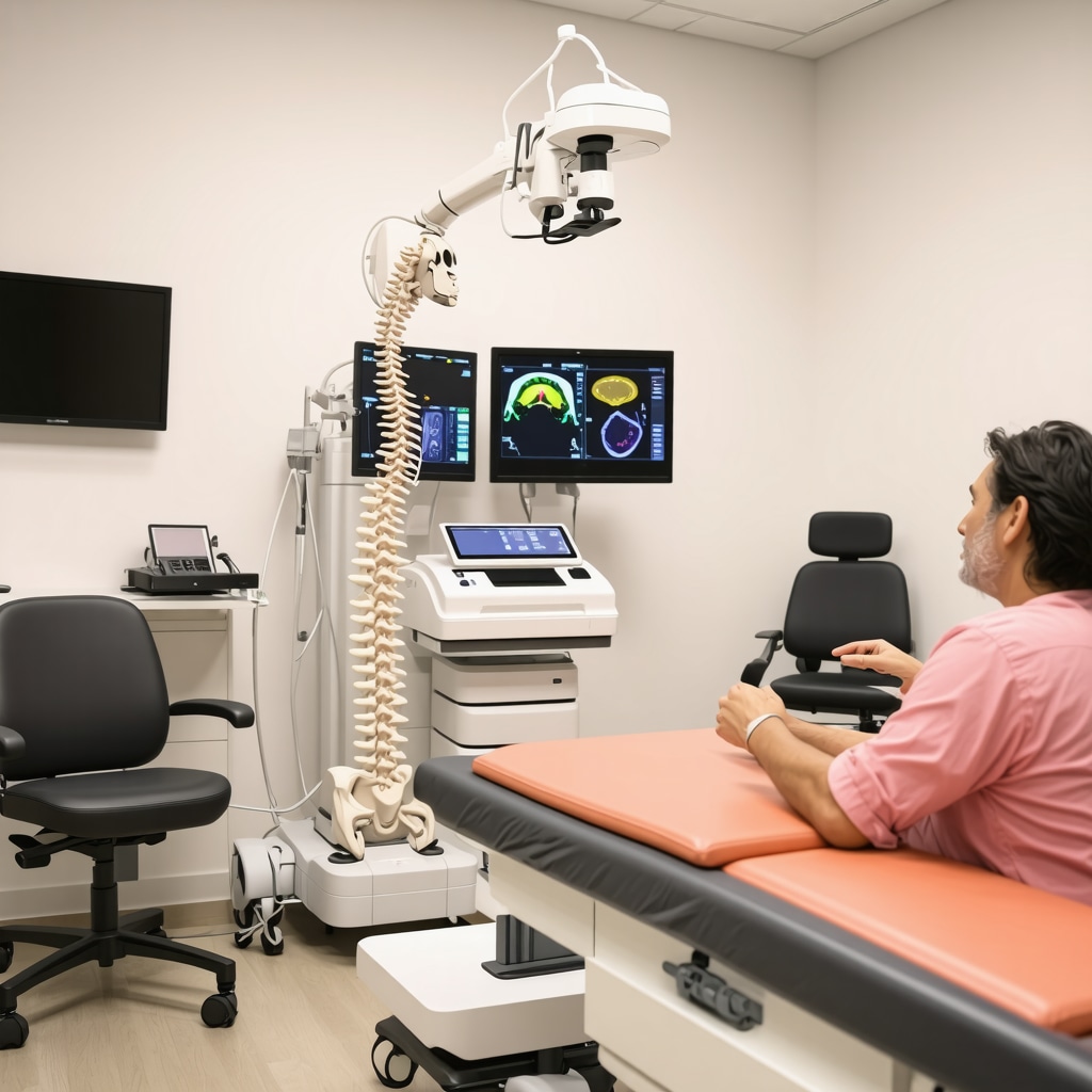 A patient consulting with a spine specialist in a high-tech clinic.