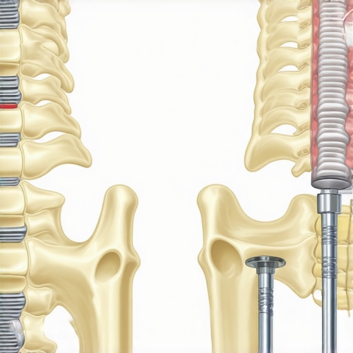 Illustration of spine surgery options: disc replacement vs spinal fusion.