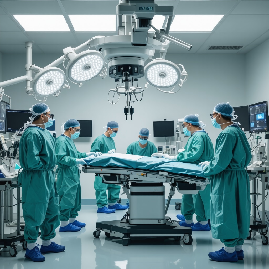Robotic-assisted spine surgery equipment in a high-tech operating room