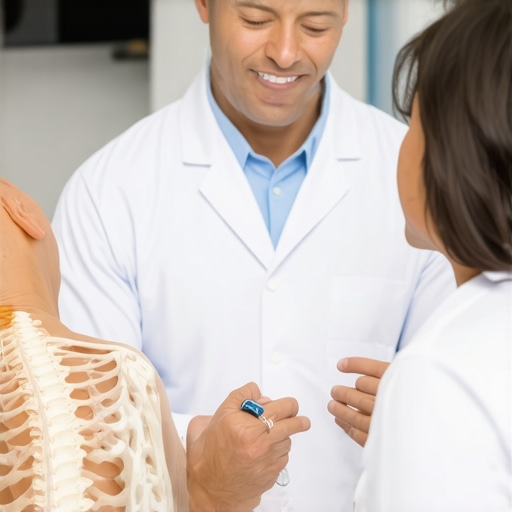 Spine surgeon discussing surgical options with patient in clinic