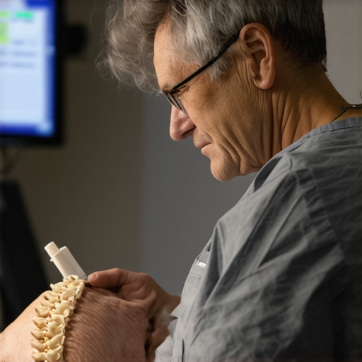 Surgeon explaining spine surgery options to a patient in a clinic
