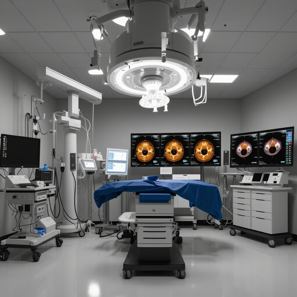 Modern operating room featuring robotic spine surgical system with digital imaging