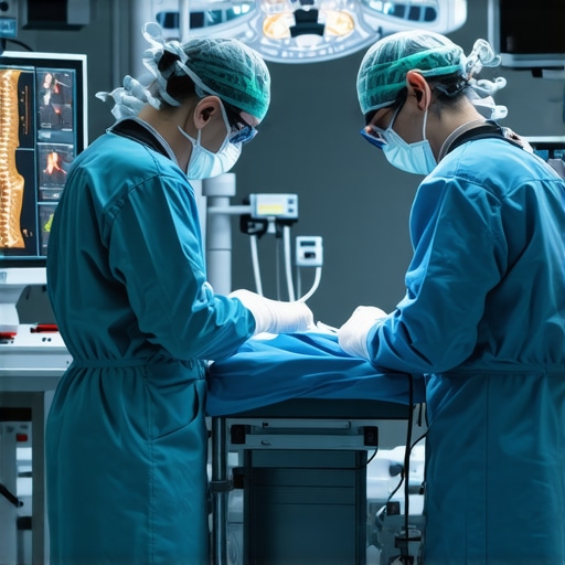 Robotic-assisted spine surgery in a high-tech operating room, emphasizing innovation and precision