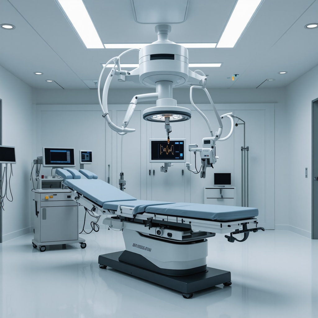 Modern spine treatment room with laser and robotic surgical tools