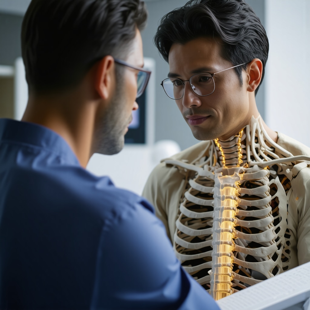 A spine surgeon discussing treatment options with a patient in a clinical setting.