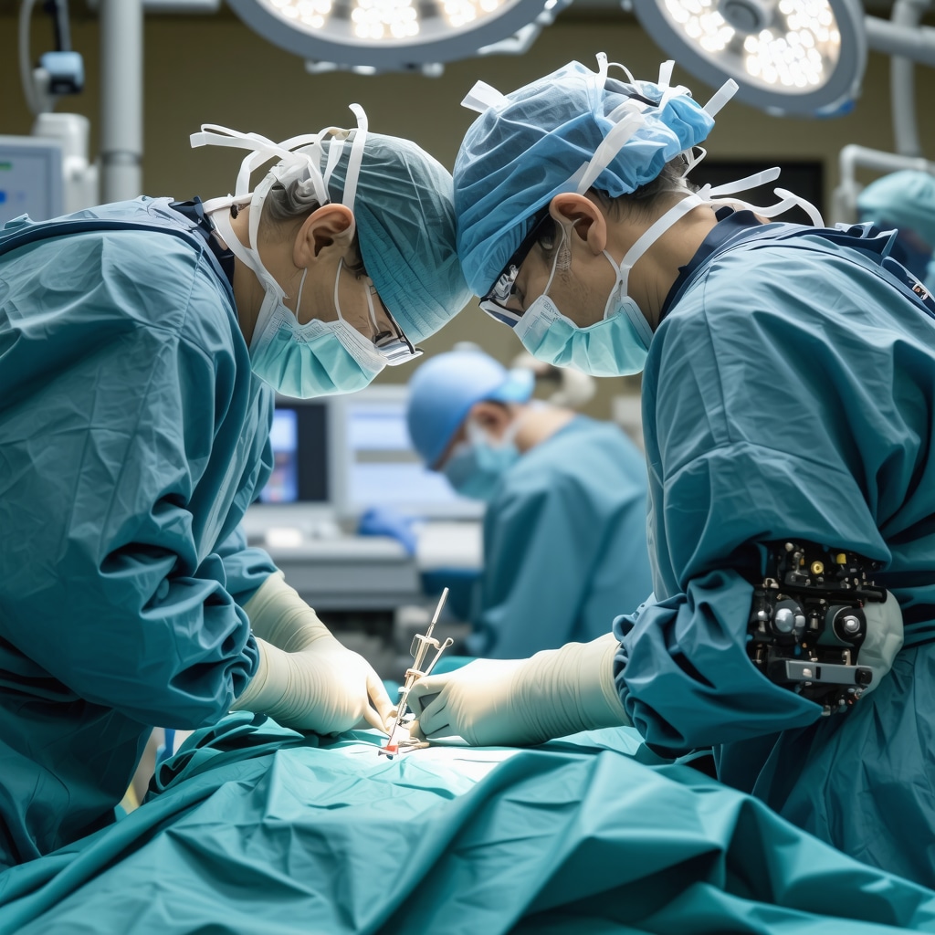 Surgeon operating with robotic assistance during cervical spine surgery in a high-tech operating room