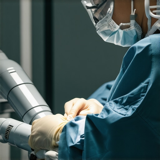 Surgeon using robotic system for precise spine surgery in a high-tech operating room.