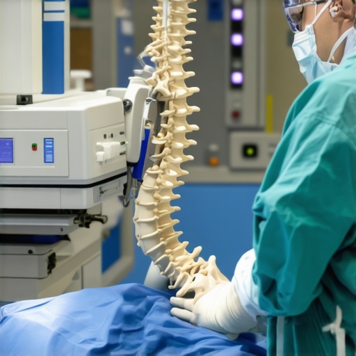 Surgeon operating a robotic system during a spine surgery in a state-of-the-art hospital