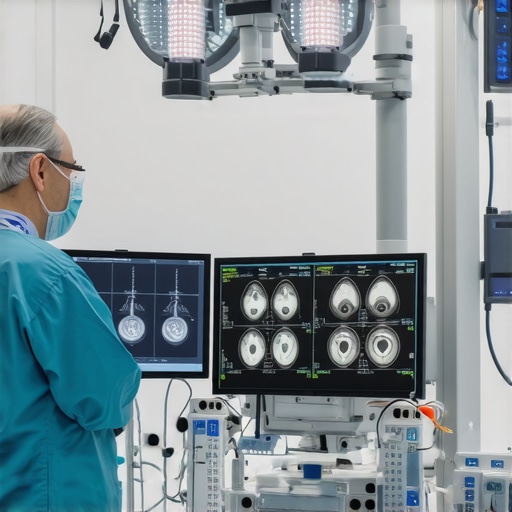 Robotic-Assisted Spine Surgery in Action Surgeon operating robotic-assisted spine surgery system in a high-tech hospital setting.