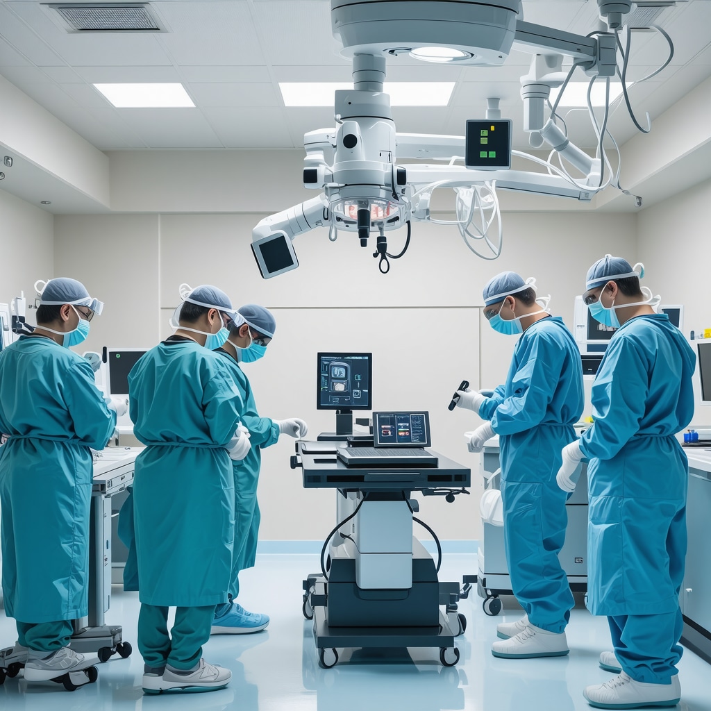 Surgeons operating with robotic systems in a high-tech surgical suite.