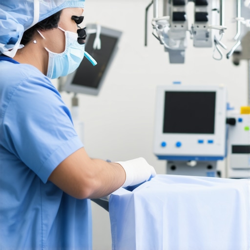 Robotic-Assisted Spine Surgery in Modern Operating Room Surgeon using robotic-assisted technology during spine surgery in an advanced operating room.