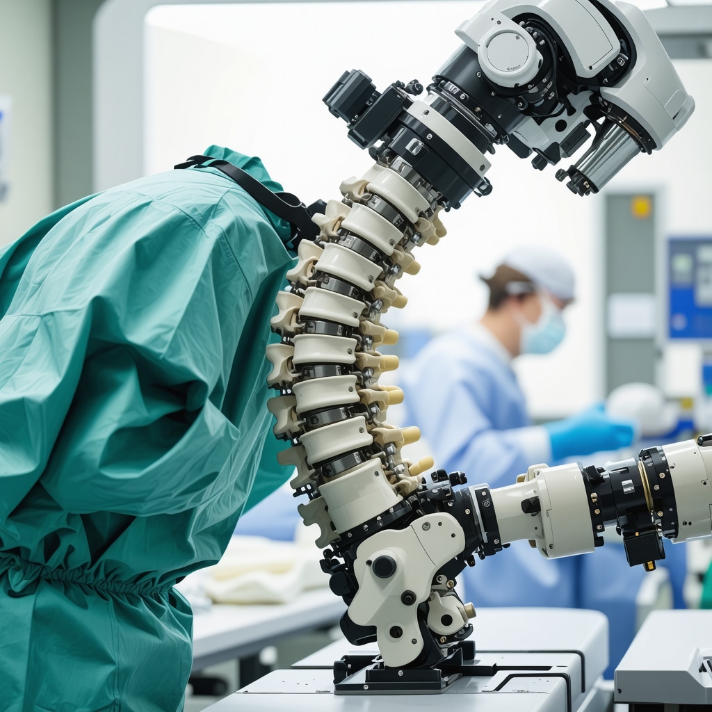 Surgeon performing minimally invasive spine surgery using robotic assistance in a clinical setting.