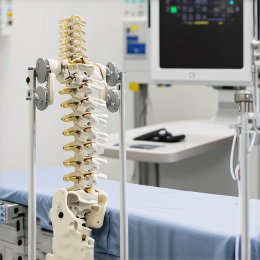 Surgeon using robotic assistance for spinal surgery in New Jersey, high-tech operating room.