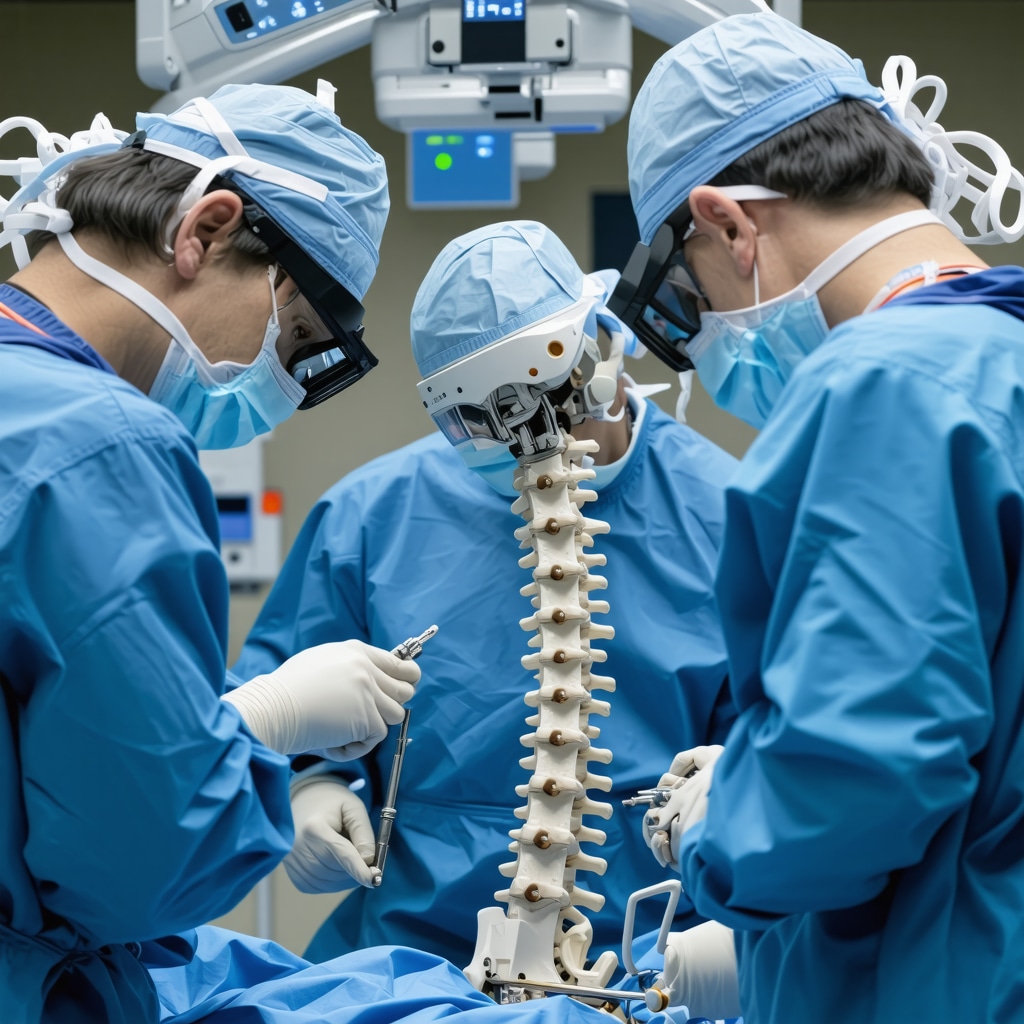 A state-of-the-art surgical robot assisting a surgeon during a complex spine procedure in New Jersey