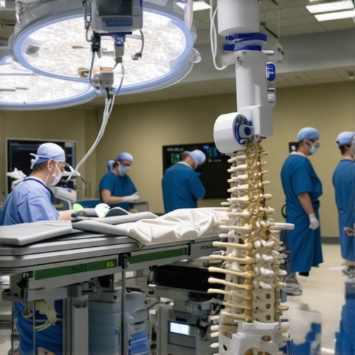 Surgeons operating with a robotic spine surgical system in a high-tech operating room.