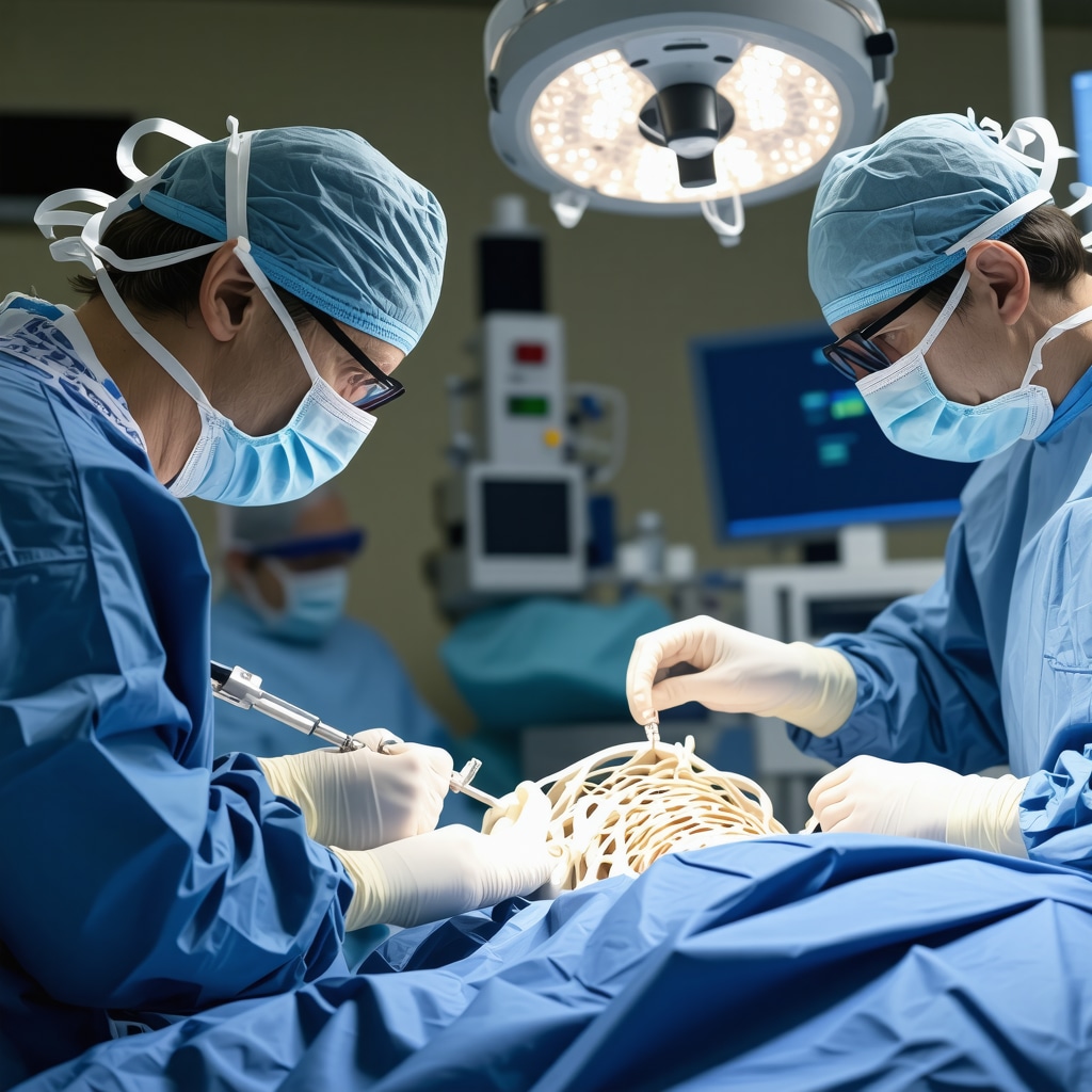 Surgeon operating robotic-assisted system during spinal procedure in a NJ hospital.