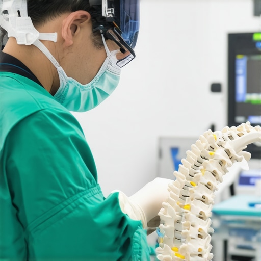 Surgeon using robotic system for precise spine surgery in a high-tech operating room