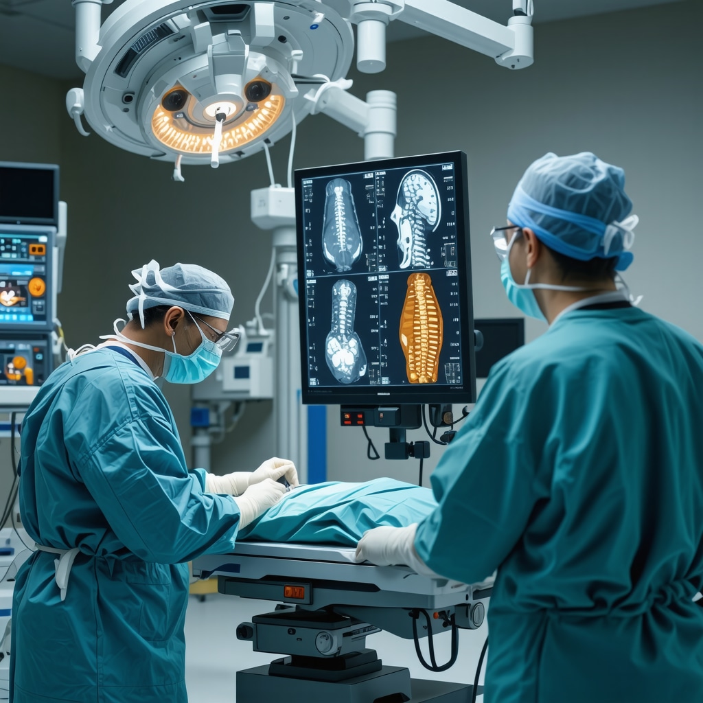 Surgeon operating robotic spine surgery system in a modern NJ hospital.