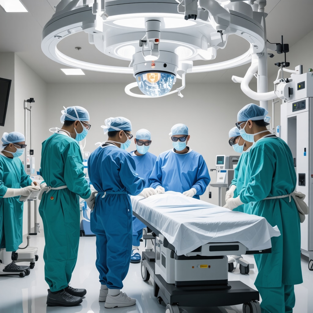 Surgeons performing robotic spine surgery with advanced technology