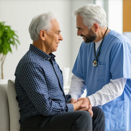Senior patient consulting with a surgeon about spine surgery in a clinic