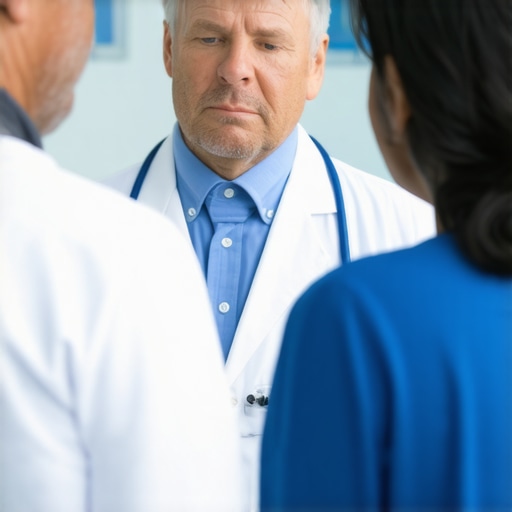 Spine surgeon explaining surgical timing to patient in clinic
