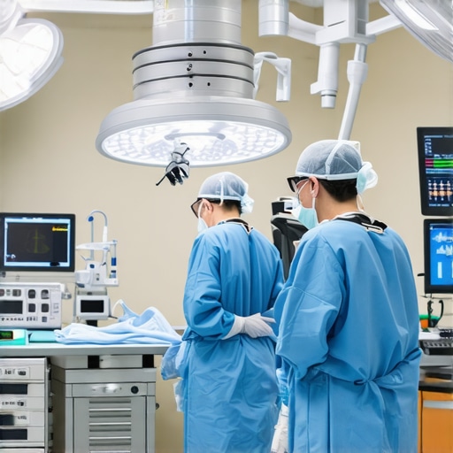 Surgeon using advanced technology for spinal fusion surgery in a modern operating room